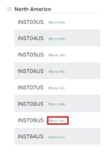 Web interface showing a list of clickable links labeled "inst04us" to "inst09us" under the heading "north america", with "more info" button for "inst09us" highlighted in red.