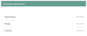 Screenshot of a status dashboard indicating "all systems operational" with sections for north america, europe, and australia, all marked as operational.