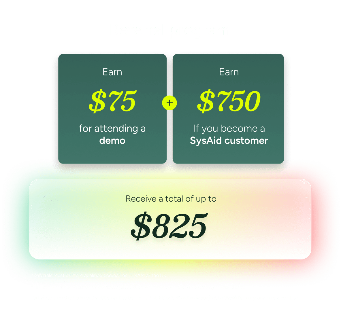 SysAid ITSM referral program: earn $75 for a demo, $750 for joining, up to $825 total rewards. - SysAid