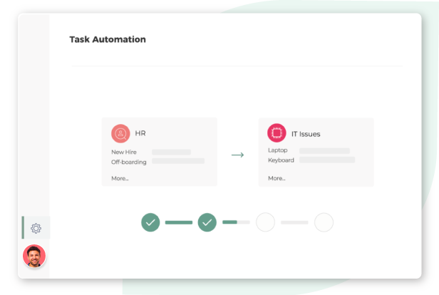 Illustration of a task automation interface showing hr and it issue workflows on a computer screen.