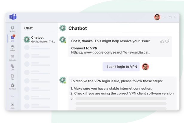 Screenshot of a chatbot interface providing vpn login troubleshooting steps, including checking internet connection and software version.