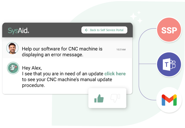 Illustration of a customer support software interface with a user reporting an issue with a cnc machine and a clickable update link displayed.