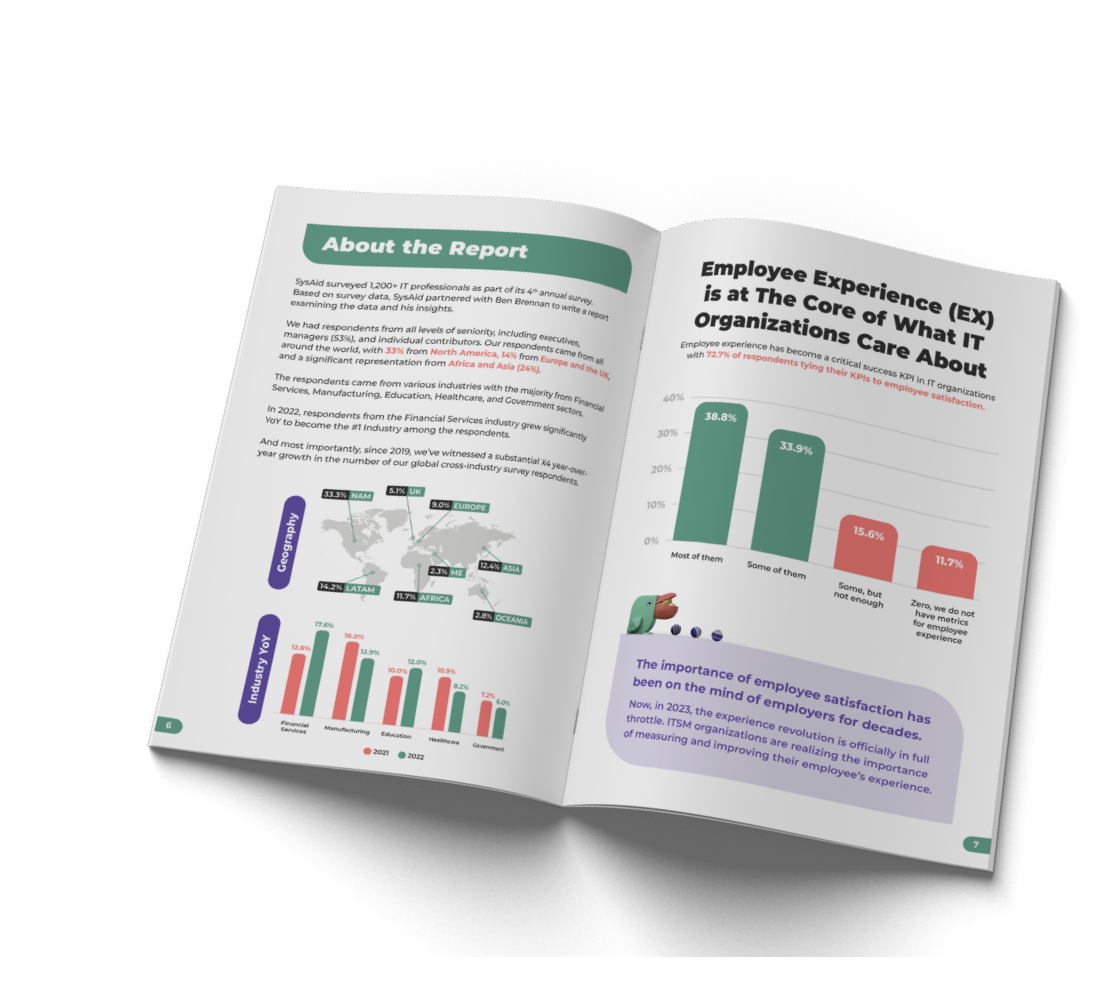 Open report on employee experience with text and various bar graphs illustrating survey results on green and white pages.