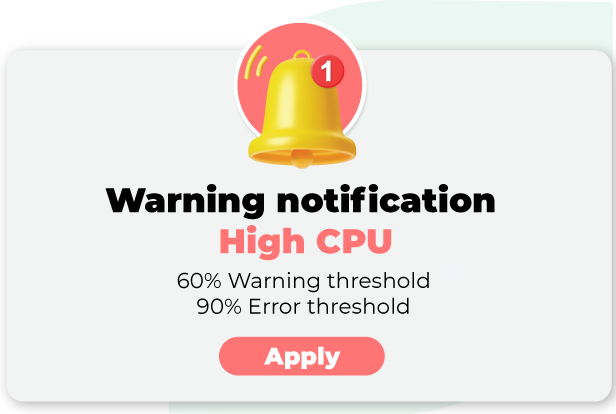 Illustration of a warning notification for high cpu usage with a bell icon, showing 60% warning threshold and 90% error threshold, with an 'apply' button.
