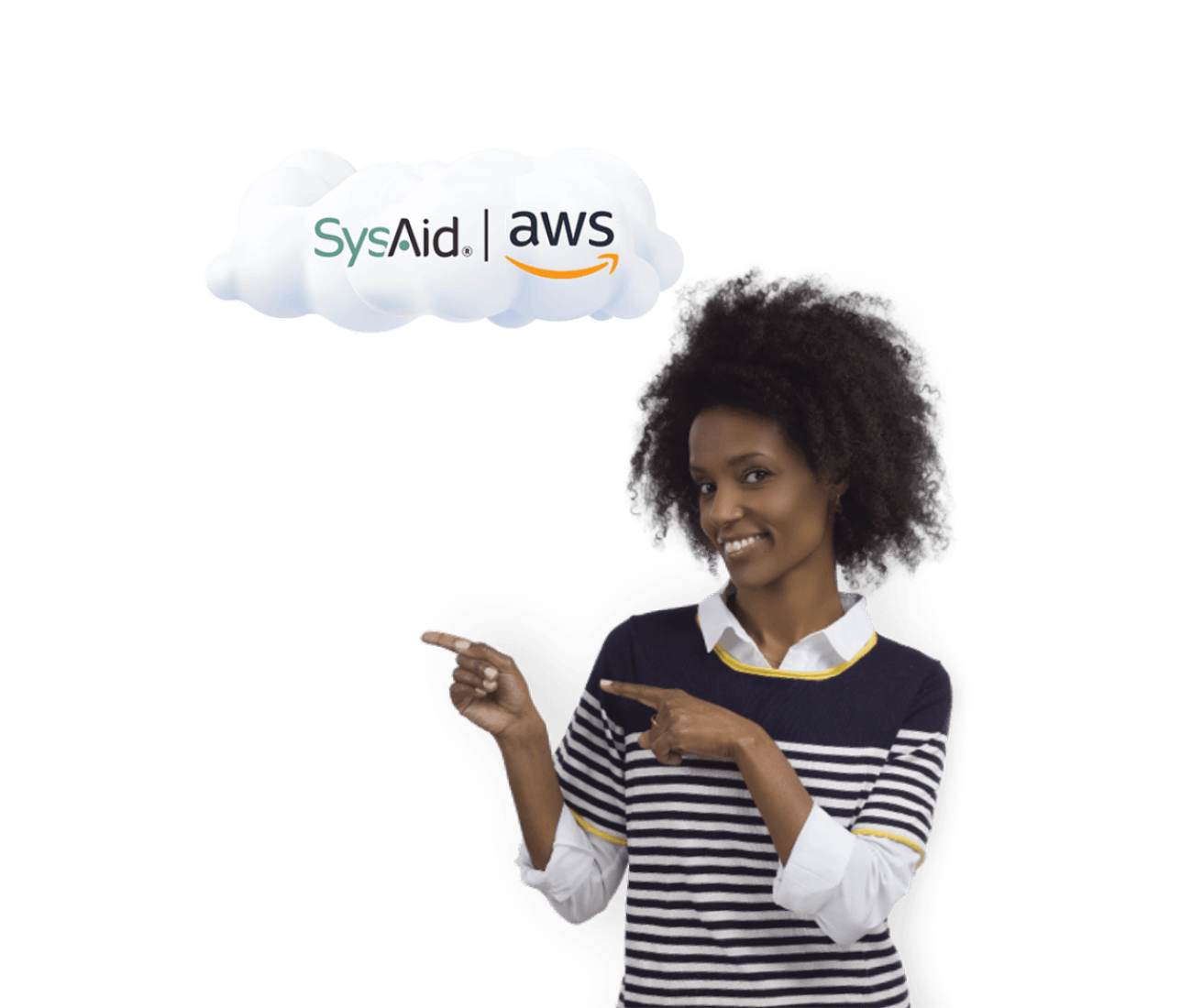 A person with curly hair is smiling and pointing at a cloud graphic displaying the logos of SysAid and AWS. - SysAid