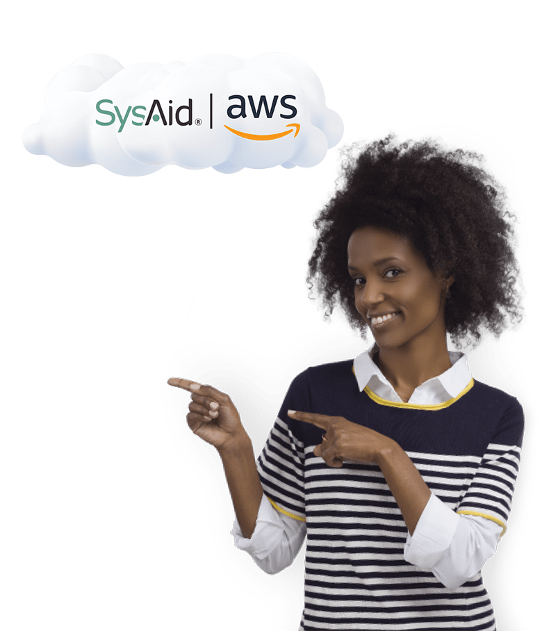 A woman with an afro, smiling and pointing to a cloud graphic with the logos "sysaid" and "aws".