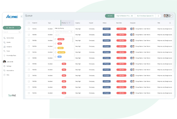 Dashboard interface showing a ticket queue, with filters for priority, status, and type. The list contains various tickets with details like ID, type, priority, company, status, and names of users. - SysAid
