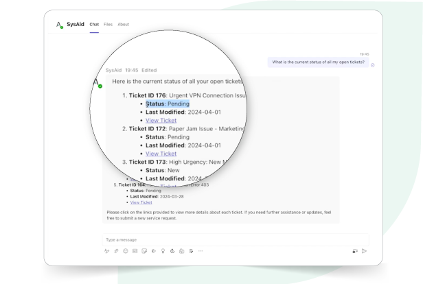 Screenshot of a digital ticket tracking interface showing a list of tickets with statuses like pending and modified in a chat window.