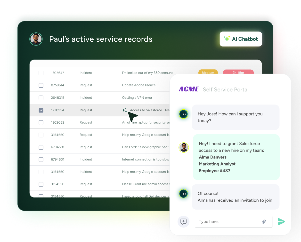 SysAid ITSM dashboard displays service records and a chatbot assisting with Salesforce access for a new hire. - SysAid