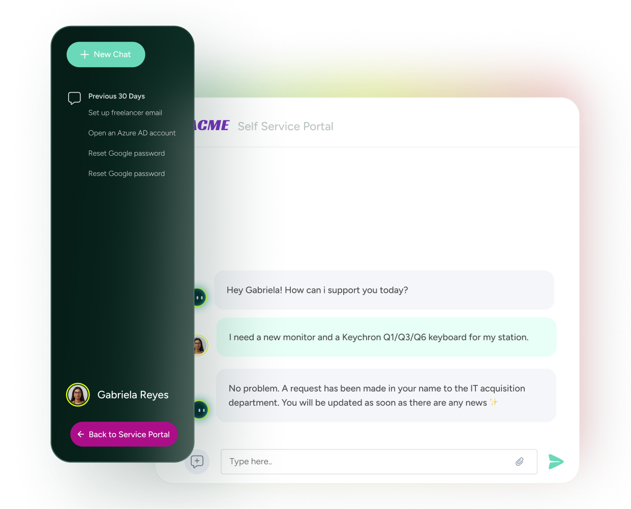 SysAid ITSM chatbot interface assists with monitor and keyboard requests, showing chat history and user profile for support. - SysAid