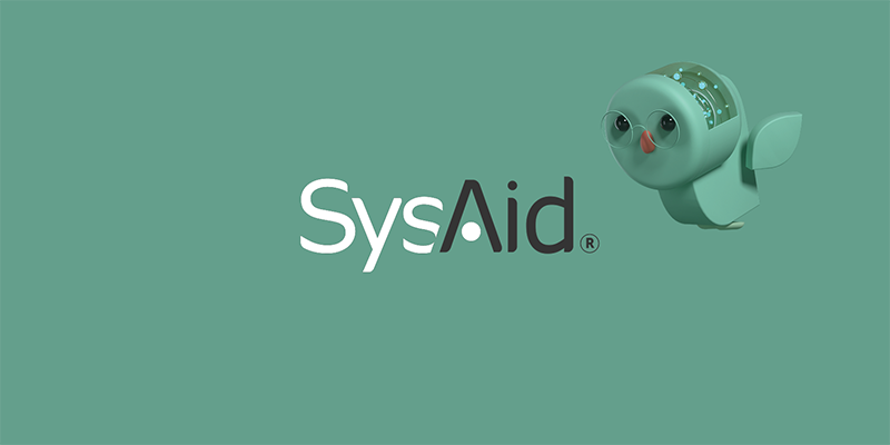 A teal robotic bird with large eyes and a propeller tail beside the "sysaid" logo on a matching teal background.