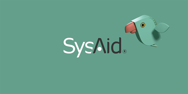 Logo of sysaid on a green background, featuring a stylized bird in shades of green and teal with a yellow eye and orange beak.