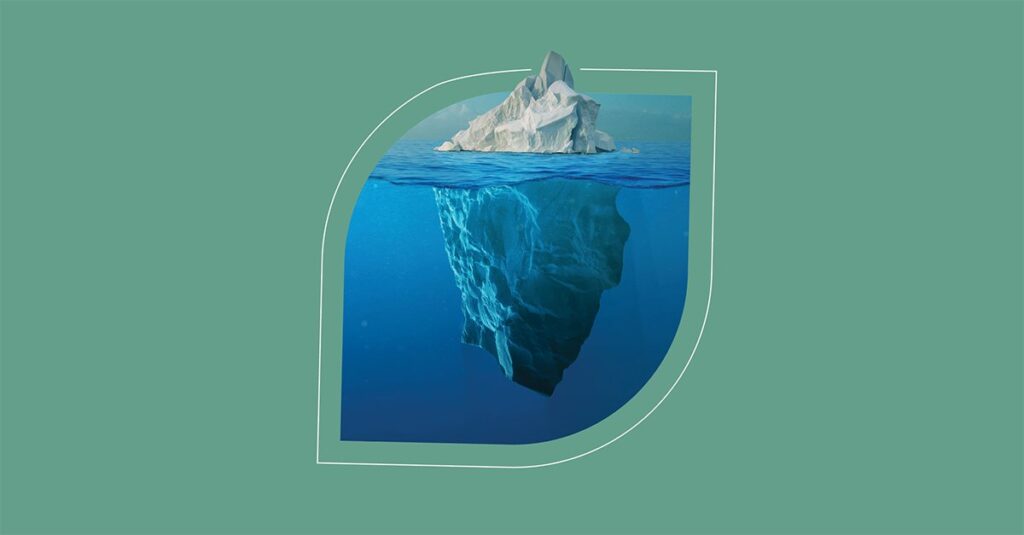 Illustration of an iceberg showing both the tip above water and the larger mass submerged, set against a teal background with a partial circular frame.