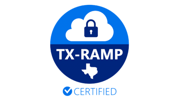 TX-RAMP badge with cloud, padlock, Texas outline, and checkmark—SysAid ITSM platform meets Texas security standards. - SysAid