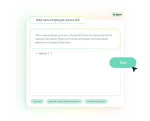 SysAid ITSM interface for adding a new employee via Azure AD, with a cursor selecting the "Test" button. - SysAid