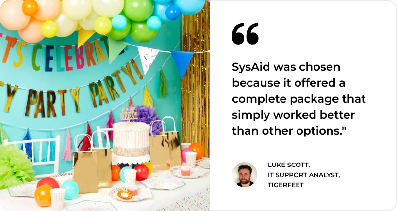 A festive party setup with balloons and gifts highlights a quote on SysAid's effective ITSM (IT Service Management) solutions. - SysAid