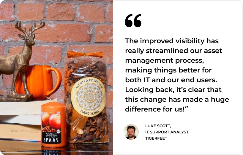 Decor items with a deer sculpture and candles next to a quote on ITAM visibility by Luke Scott, highlighting SysAid's ITSM enhancements. - SysAid