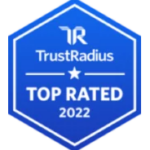 Blue hexagonal "top rated 2022" badge from trustradius featuring a white star and text on a blue background.