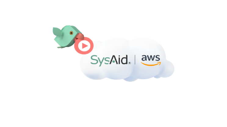 Illustration of a rubber duck floating on a cloud with the logos "sysaid" and "aws" printed on it, featuring a play button icon overlay.