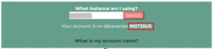 Web interface screenshot displaying a search bar with a highlighted datacenter indicator reading "inst5usus" and text below asking, "what is my account name?.