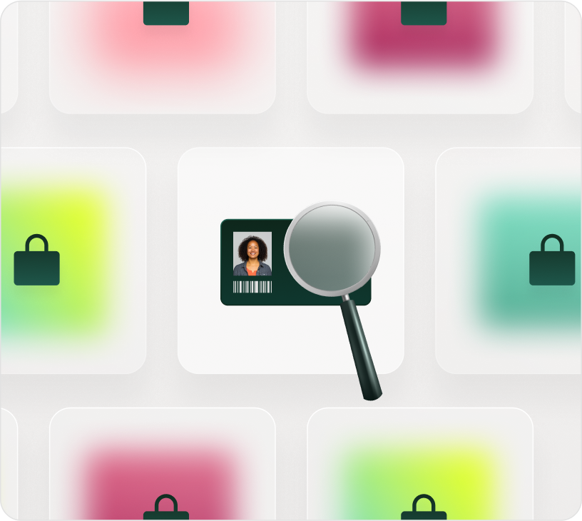 Magnifying glass over ID card and padlocks, symbolizing secure ITSM identity verification in SysAid environments. - SysAid