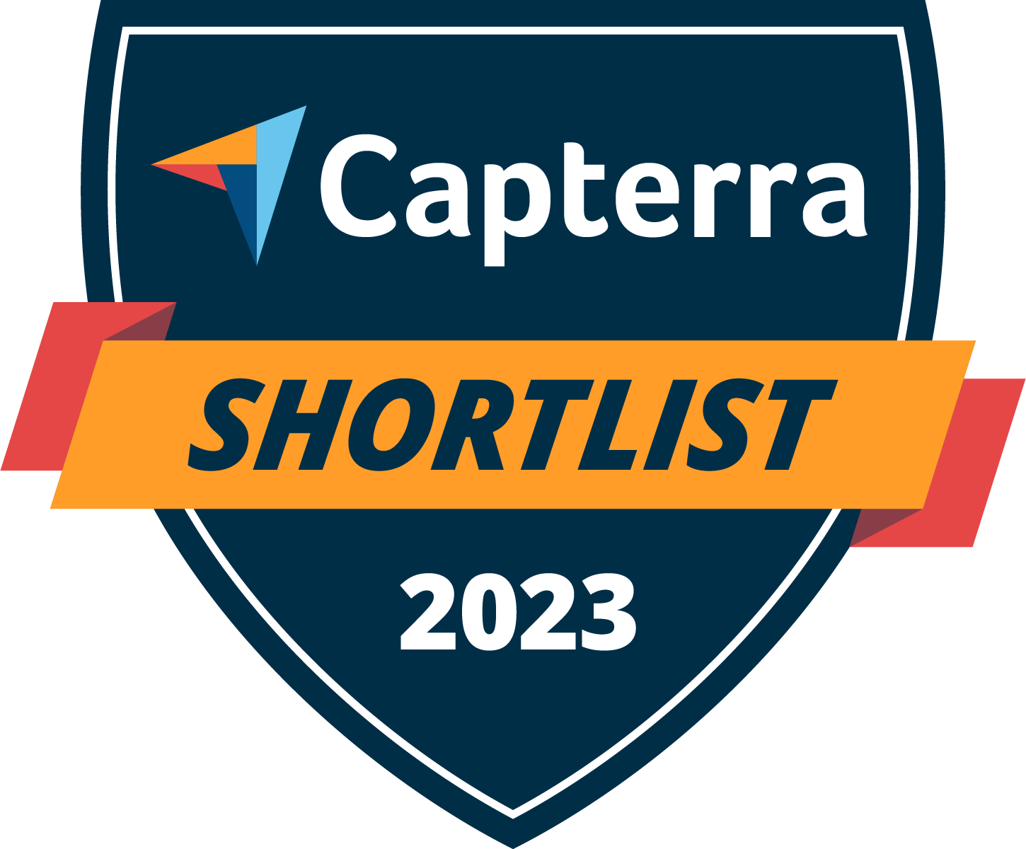 2023 capterra shortlist badge, featuring a shield shape with a blue background, accented by a red banner and a multicolored triangle at the top.