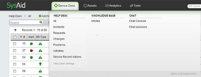 SysAid Service Desk 9.1 screenshot of new menu