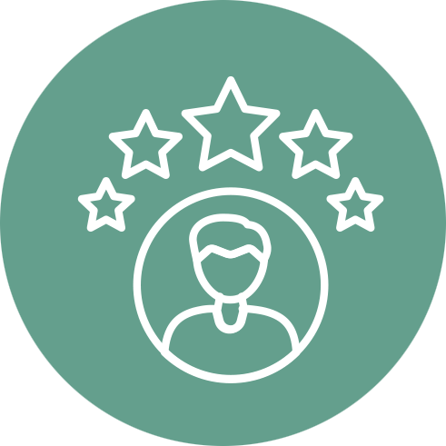 Icon depicting a person with five stars above their head, suggesting high achievement or recognition, inside a green circular background. - SysAid