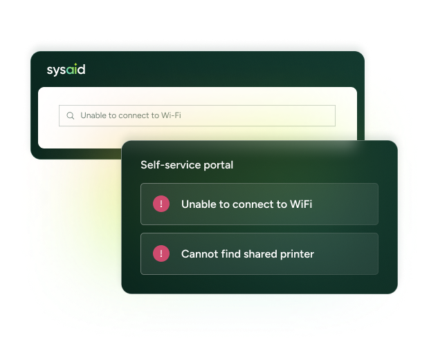 SysAid ITSM self-service portal showing user-submitted tickets for WiFi and printer issues. - SysAid