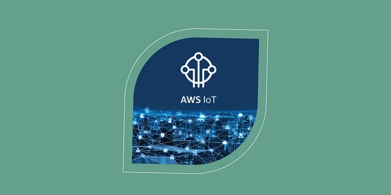 Logo of aws iot depicted over a networked digital globe on a blue background, enclosed in a curved green border.