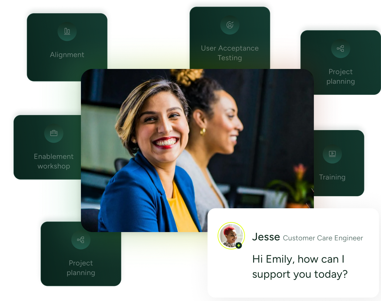 Two women in an office use SysAid Service Desk, chatting with a Customer Care Engineer about ITSM support needs. - SysAid