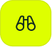 Black binoculars icon on a yellow-green square, symbolizing ITSM visibility and insight in the SysAid Service Desk. - SysAid
