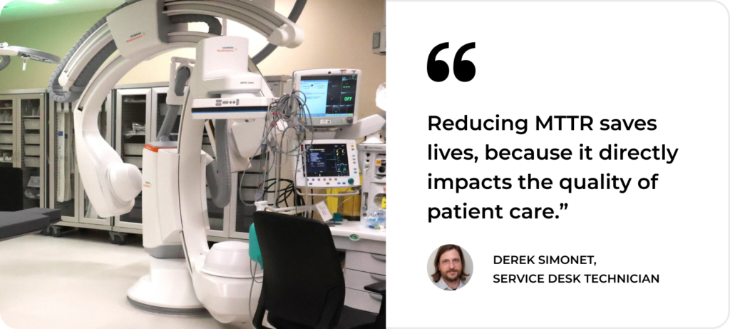 Medical imaging equipment in a hospital room, with a quote on how SysAid ITSM reduces MTTR to enhance patient care. - SysAid