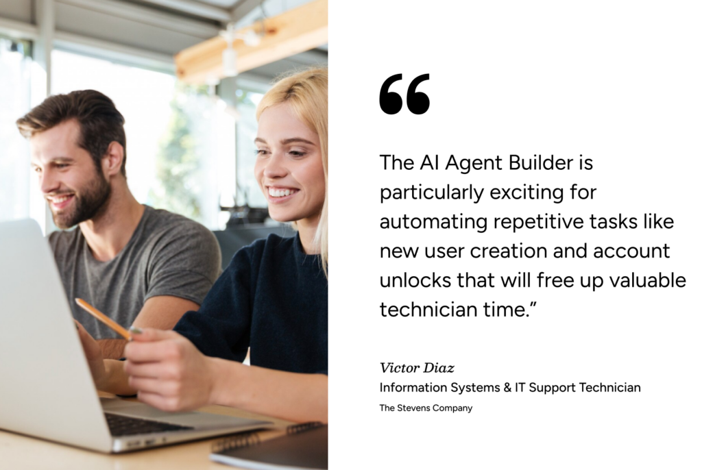 Two IT pros use a laptop discussing AI in ITSM, with a SysAid quote on automating tasks by Victor Diaz. - SysAid