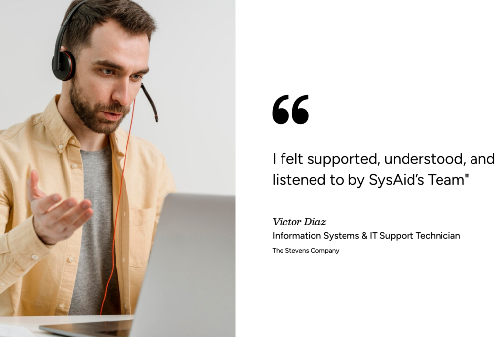 IT technician with headset at laptop, alongside SysAid testimonial highlighting expert ITSM support and Service Desk excellence. - SysAid