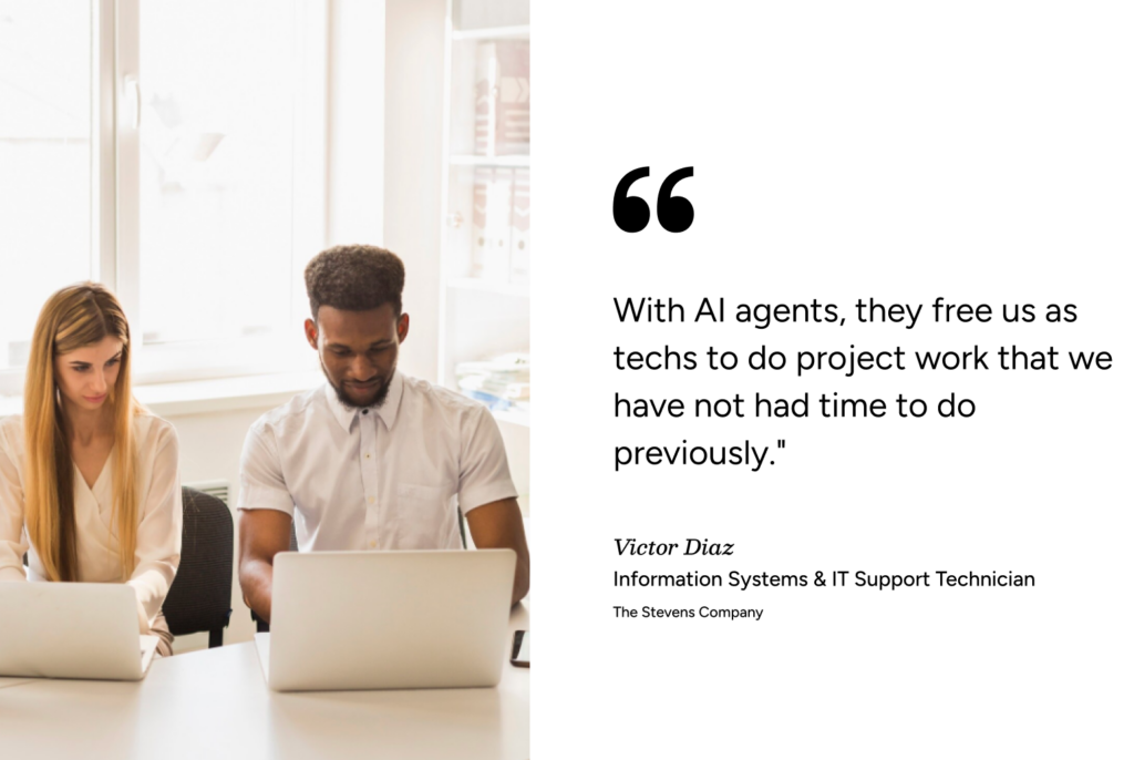 Two IT pros use laptops as a quote highlights AI agents boosting Service Desk efficiency, reflecting SysAid’s impact. - SysAid