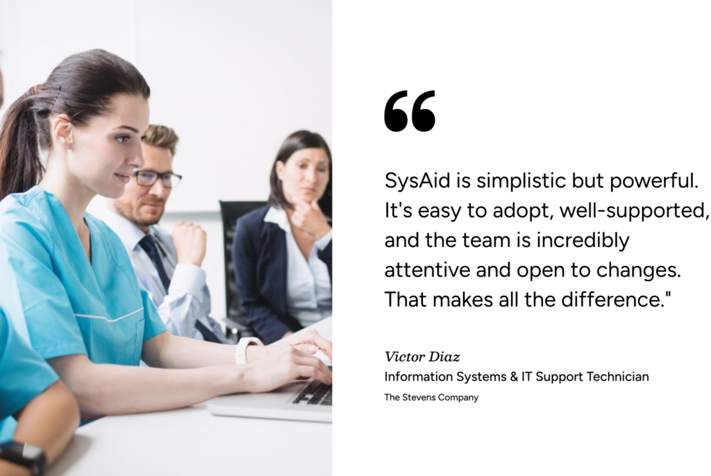 Professionals at a table view a SysAid ITSM testimonial on simplicity and support from Victor Diaz, IT Support Technician. - SysAid