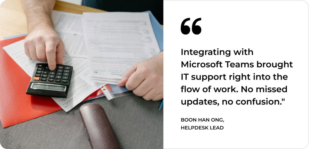 Person reviews documents with a calculator beside a quote on Microsoft Teams boosting SysAid Help Desk efficiency. - SysAid