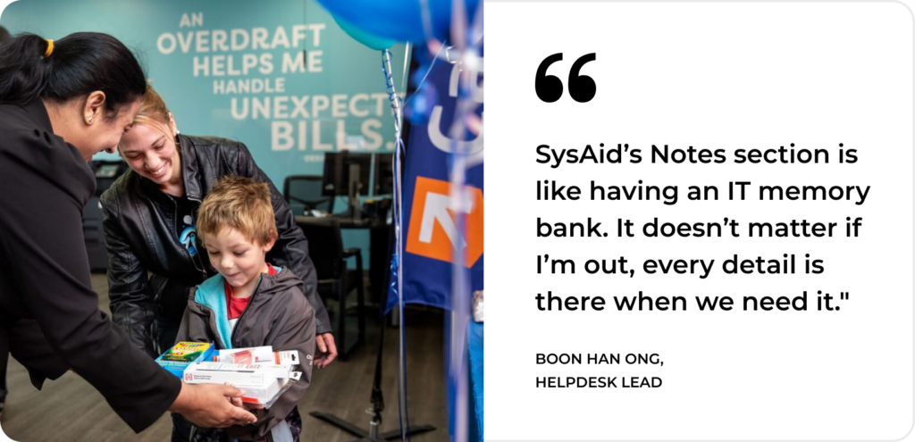 A woman gives a box to a boy beside another woman, highlighting SysAid’s ITSM solution through a customer testimonial. - SysAid
