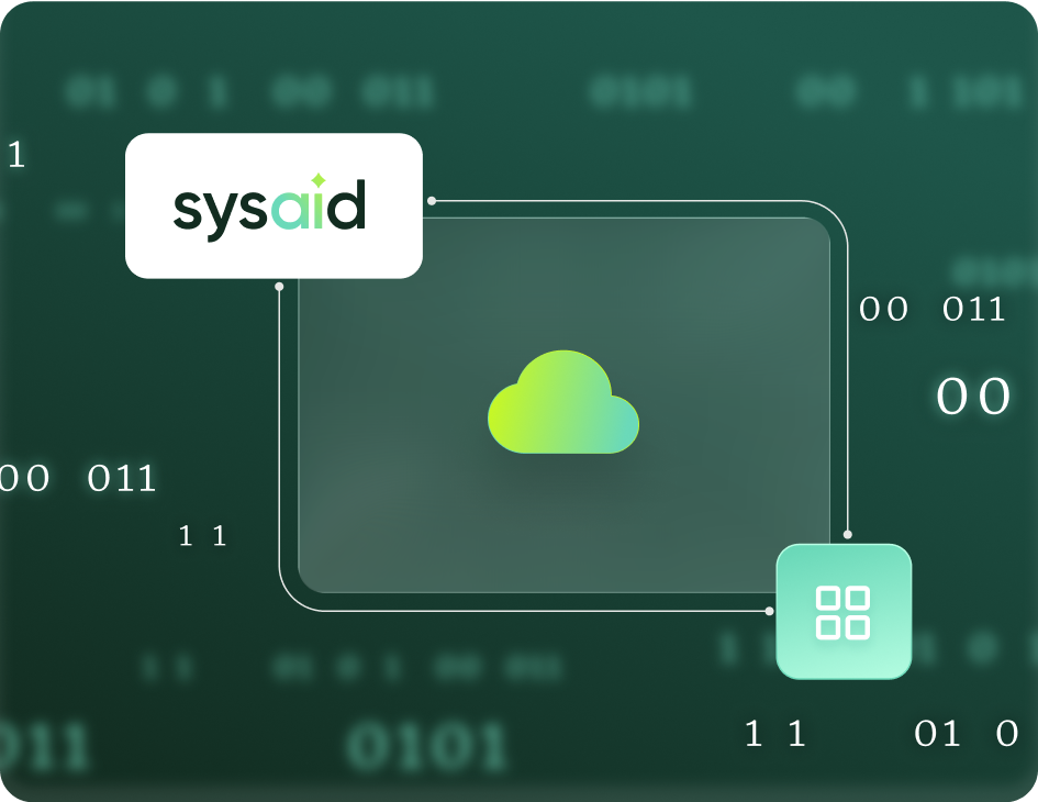 SysAid logo, cloud, and app grid icons connected over binary code, representing ITSM solutions and streamlined workflows. - SysAid