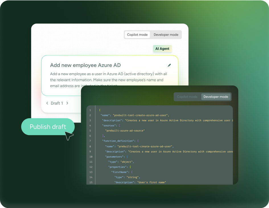 SysAid ITSM interface with AI-drafted Azure AD user creation form and automation code for streamlined onboarding. - SysAid