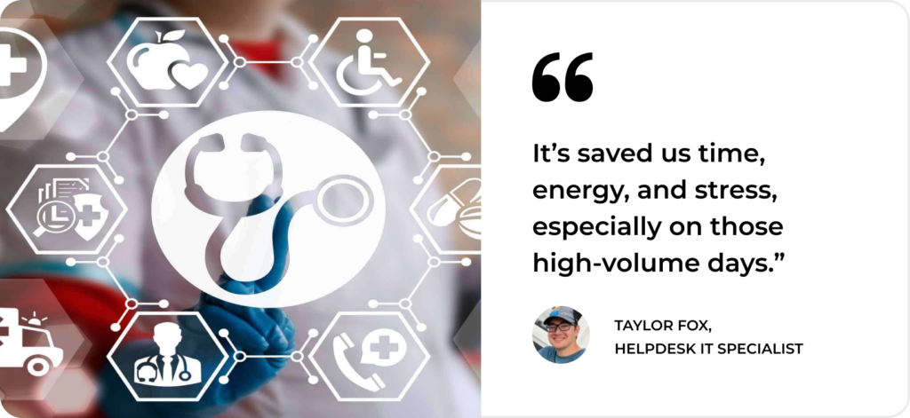 A healthcare worker uses digital tools; Help Desk ITSM testimonial highlights SysAid’s efficiency and time savings. - SysAid