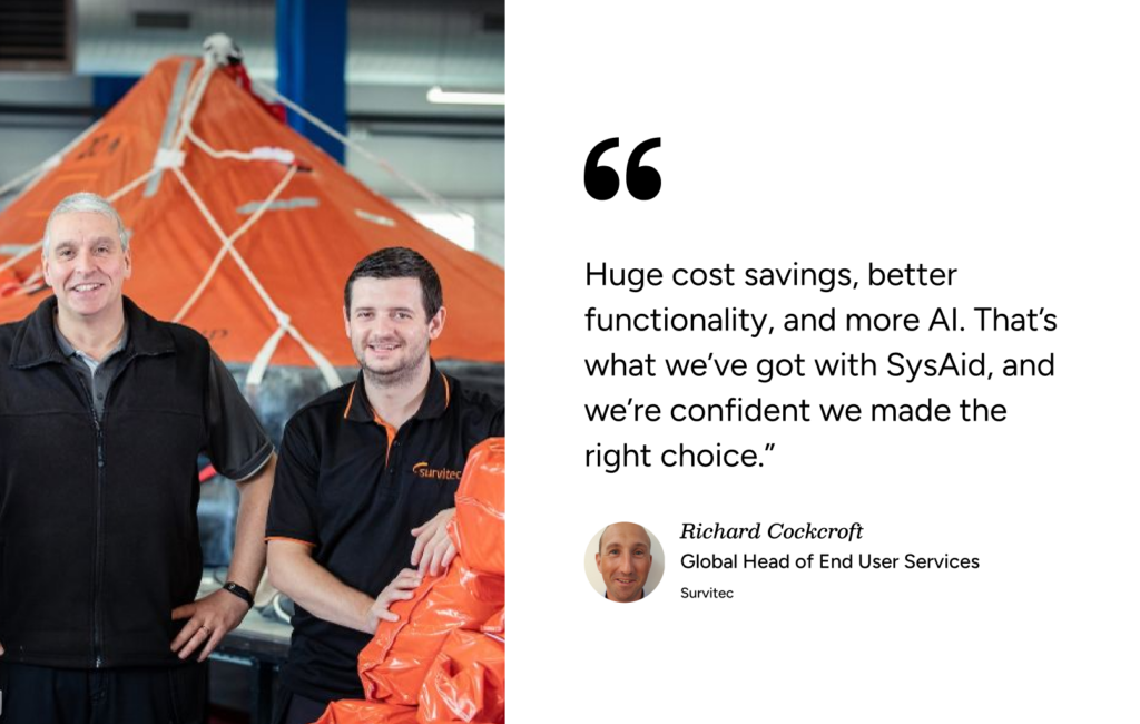 Two technicians in uniforms stand by an orange life raft, highlighting SysAid ITSM support for industrial safety operations. - SysAid