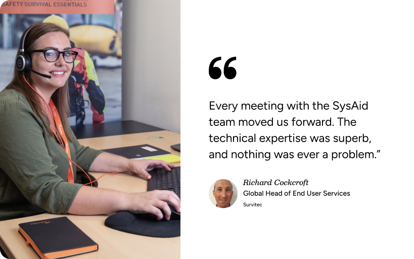 ITSM expert uses SysAid Service Desk to provide technical support, with a customer testimonial displayed beside her. - SysAid