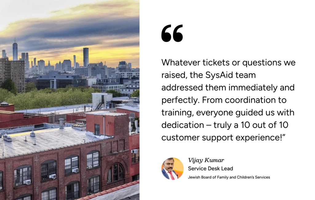 Vijay Kumar praises SysAid ITSM, with a cityscape of brick buildings and sunset sky in the background. - SysAid