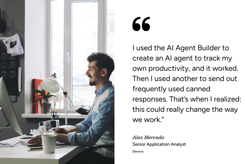 Professional at desk using a computer, with AI Agent Builder testimonial highlighting ITSM benefits for SysAid users. - SysAid