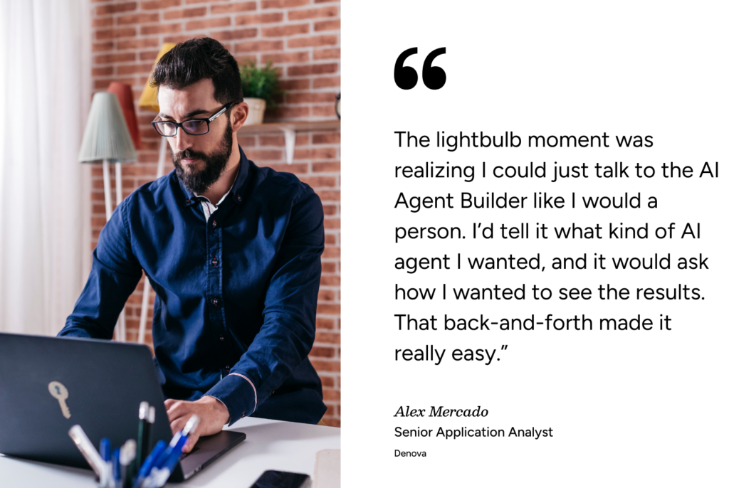 Man with glasses at laptop reads testimonial on SysAid ITSM AI Agent Builder from Alex Mercado, Denova. - SysAid