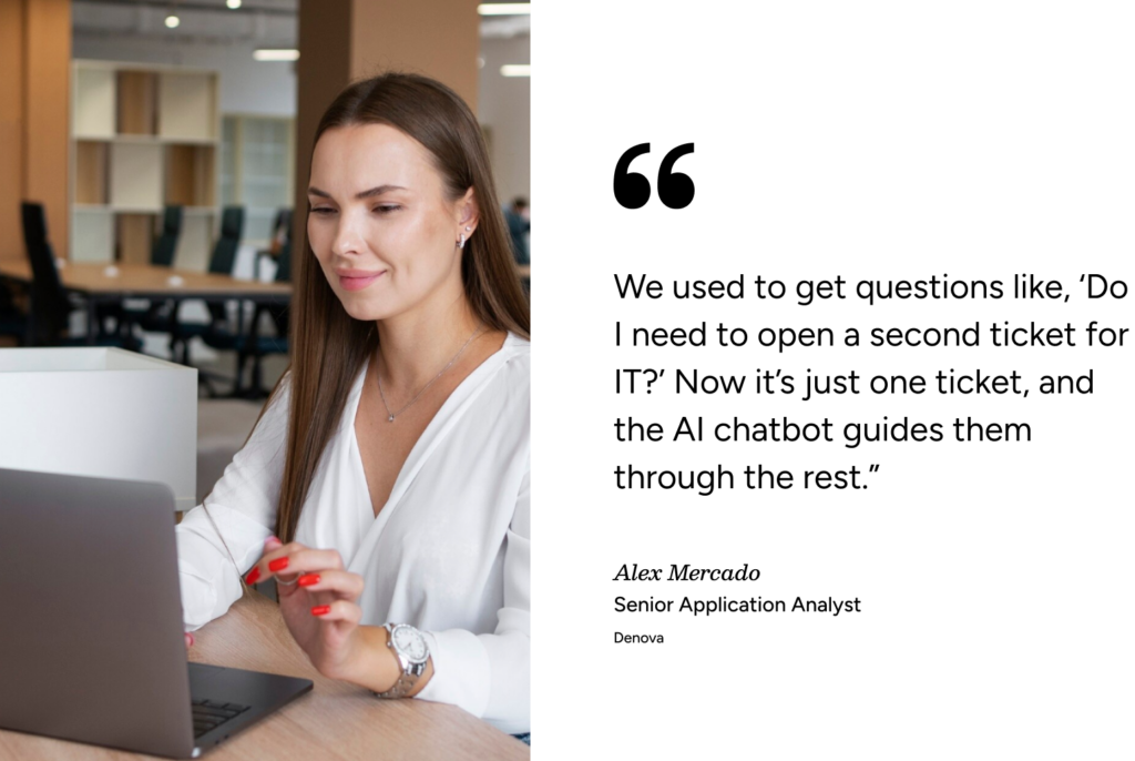 Woman using laptop in office beside AI chatbot quote, highlighting SysAid ITSM for streamlined IT support. - SysAid