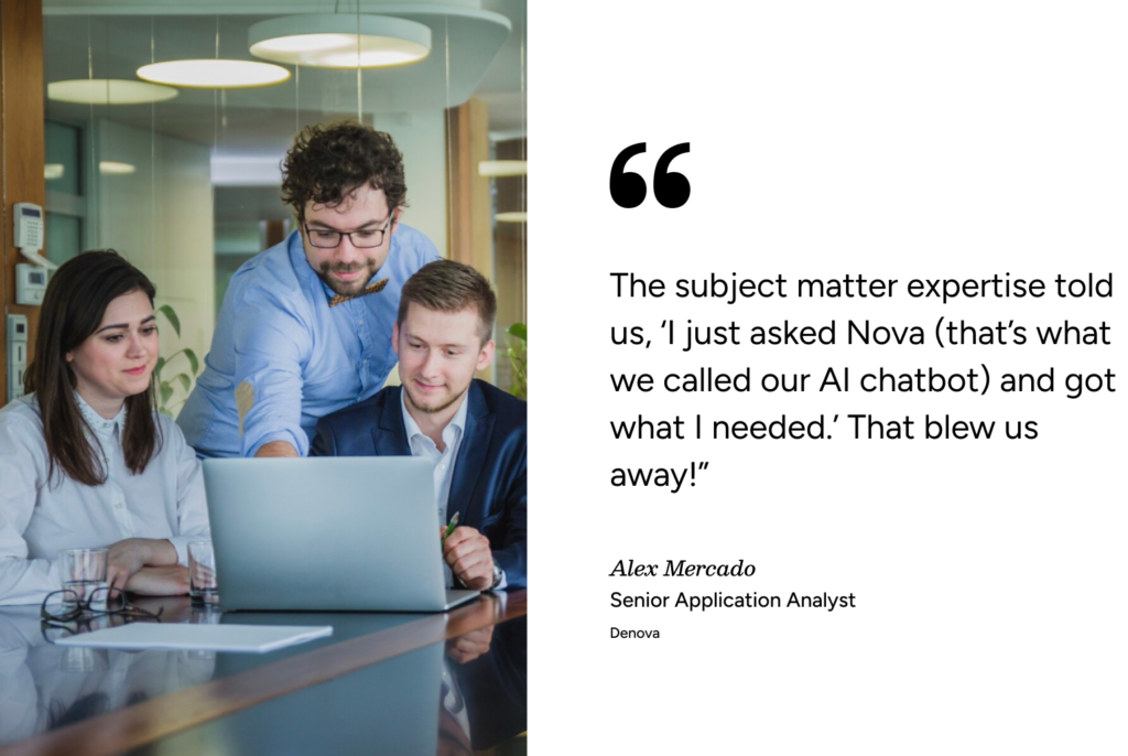 Three professionals discuss ITSM at a table with a laptop and SysAid chatbot testimonial, highlighting Service Desk value. - SysAid