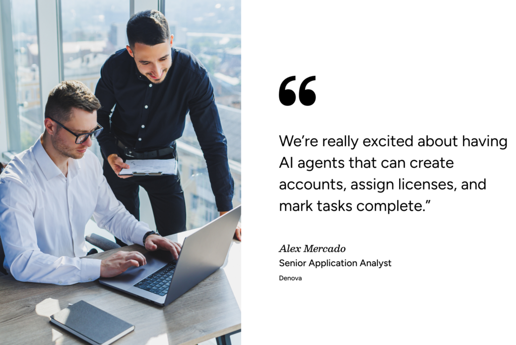 Two men review a laptop in an office, highlighting ITSM automation for tasks like account setup and license assignment. - SysAid
